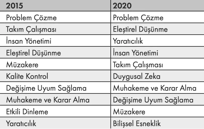 Geleceğin Meslekleri yetkinlik tablosu