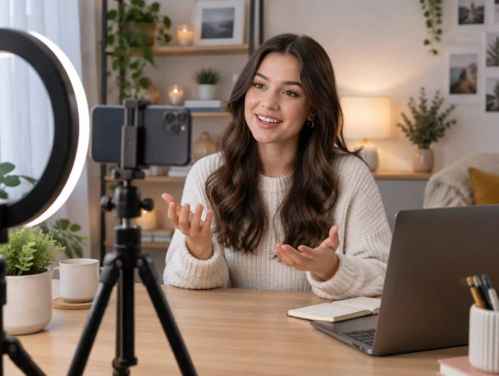 Telefonu tripoda yerleştirip ring light ile içerik çeken içerik üreticisi