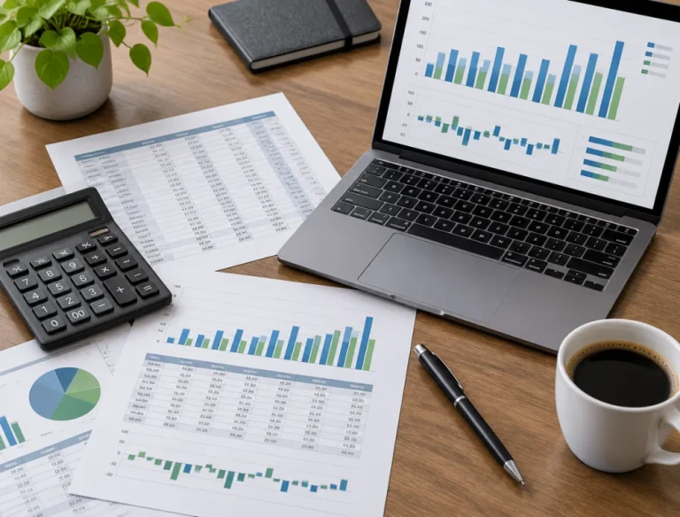 Hesap makinesi, basılı tablolar ve laptopta kâr-zarar tablosu bulunan e-ticaret PnL masası