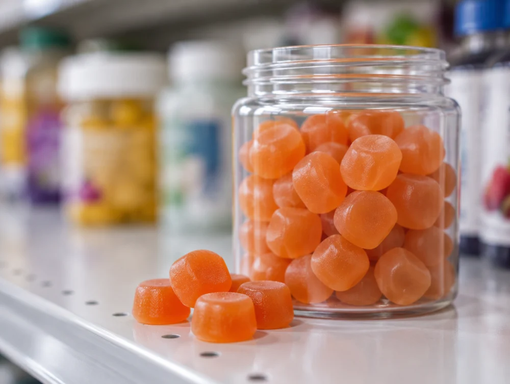 Rafta yakın plan, arka planı bulanık yuvarlak köşeli silindir şekilli gummy takviyeler