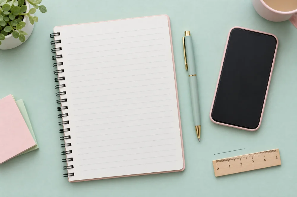 Pastel yeşil masada çizgili defter, kalem ve telefon
