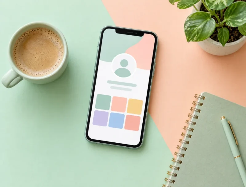 Pastel zeminde profil sayfası açık telefon, kahve fincanı ve defter