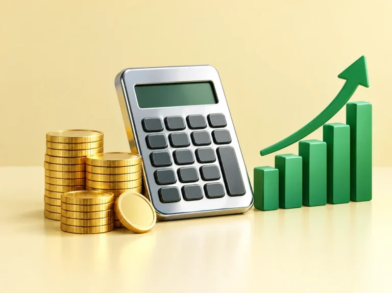 Hesap makinesi, altın paralar ve yükselen yeşil sütun grafik