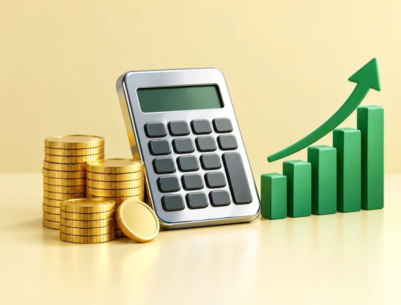 Hesap makinesi, altın paralar ve yükselen yeşil sütun grafik