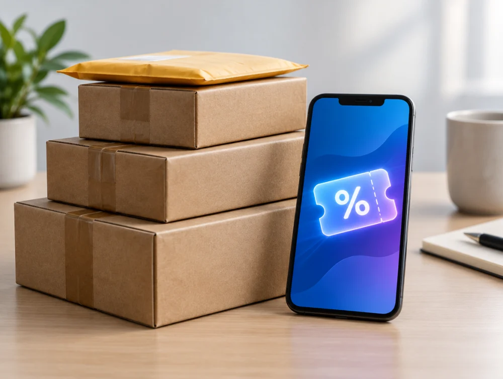 Sevkiyata hazır paketler ve telefon ekranında soyut bir Trendyol satıcı kuponu