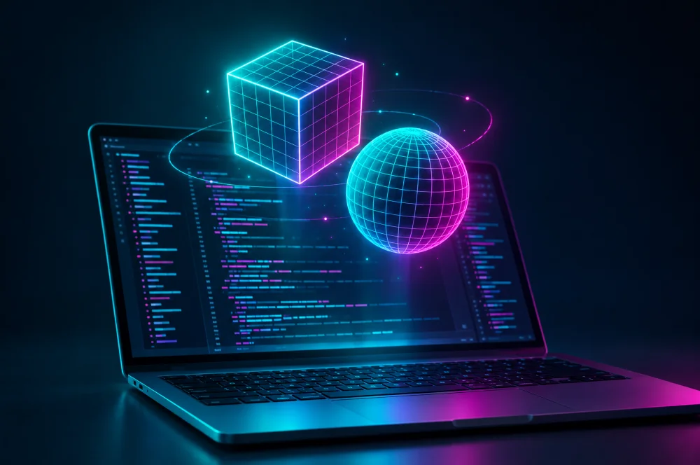 Dizüstü bilgisayar ekranında kod ve üzerinde süzülen neon küp ile küre