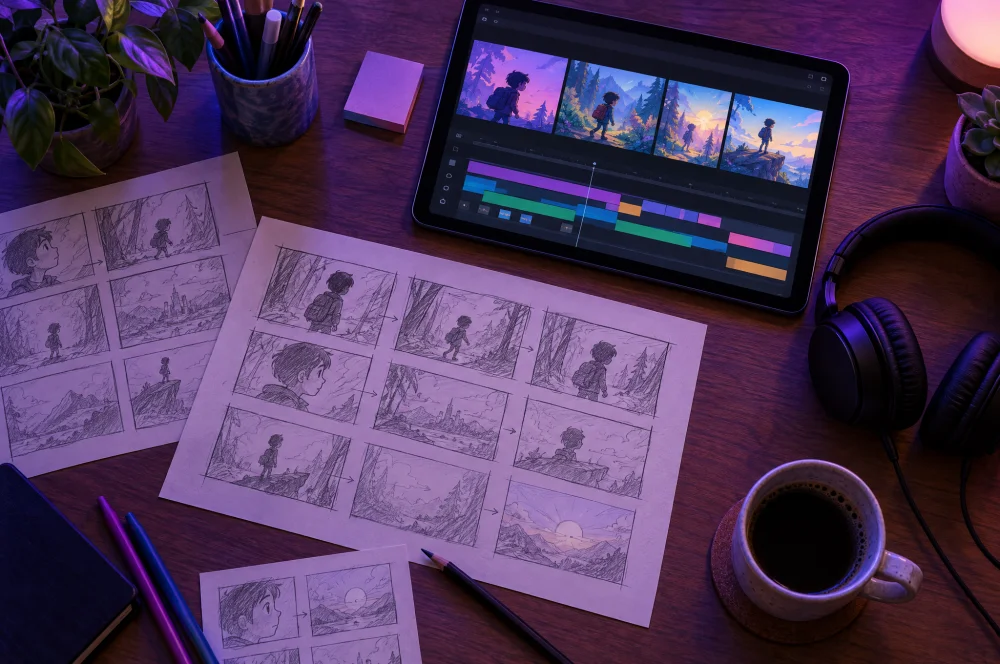 Tablet ekranında animasyon zaman çizelgesi, yanında karakter storyboard çizimleri